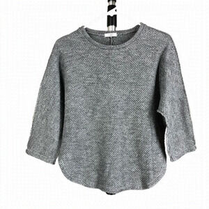 Oak + FORT NOUL Grey Waffle Raw Edge Rounded Hems 3/4 Sleeve Knit Sweater Sz S/M